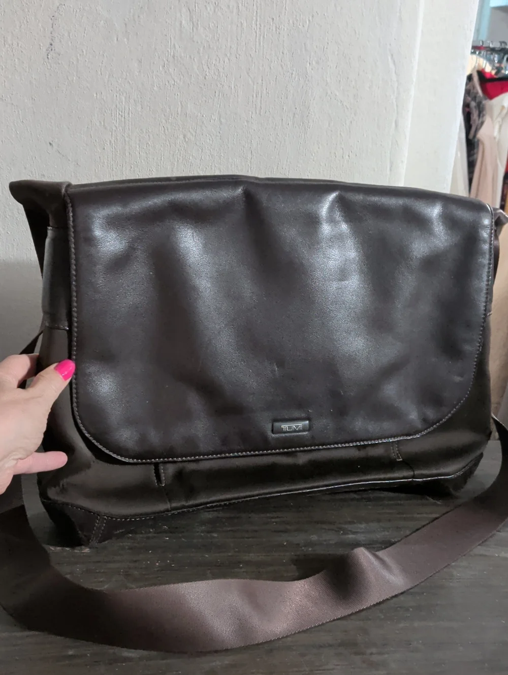 Tumi Dark Brown Leather Messenger Bag with Shoulder Strap